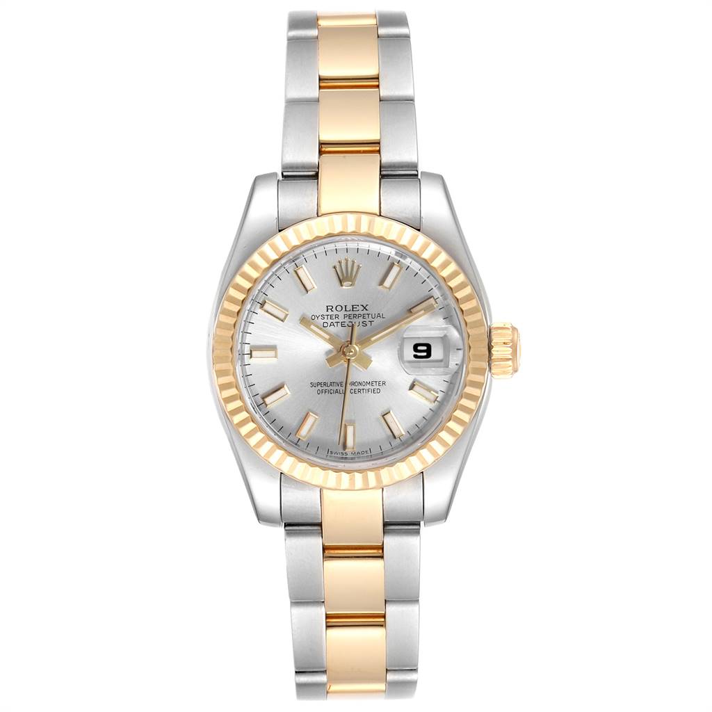The image shows a front view of a Rolex Datejust 179173 Women's Steel and Gold (two tone) Silver Dial 179173 Women's Steel and Gold (two tone) Silver Dial watch, highlighting the dial, bezel, and bracelet.