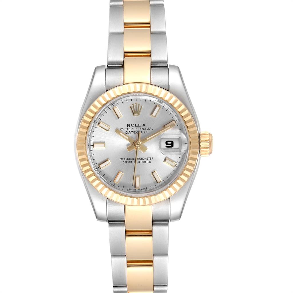 This image shows a front view of a Rolex Datejust 179173 Women's Steel and Gold (two tone) Silver Dial 179173 Women's Steel and Gold (two tone) Silver Dial watch, showcasing its dial, bezel, and two-tone bracelet.