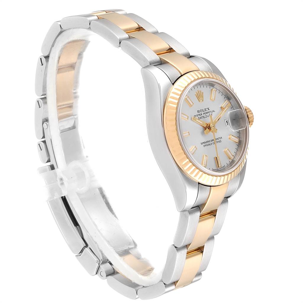 The image shows a Rolex Datejust 179173 Women's Steel and Gold (two tone) Silver Dial 179173 Women's Steel and Gold (two tone) Silver Dial watch at a side angle, highlighting its two-tone bracelet, bezel, and dial.