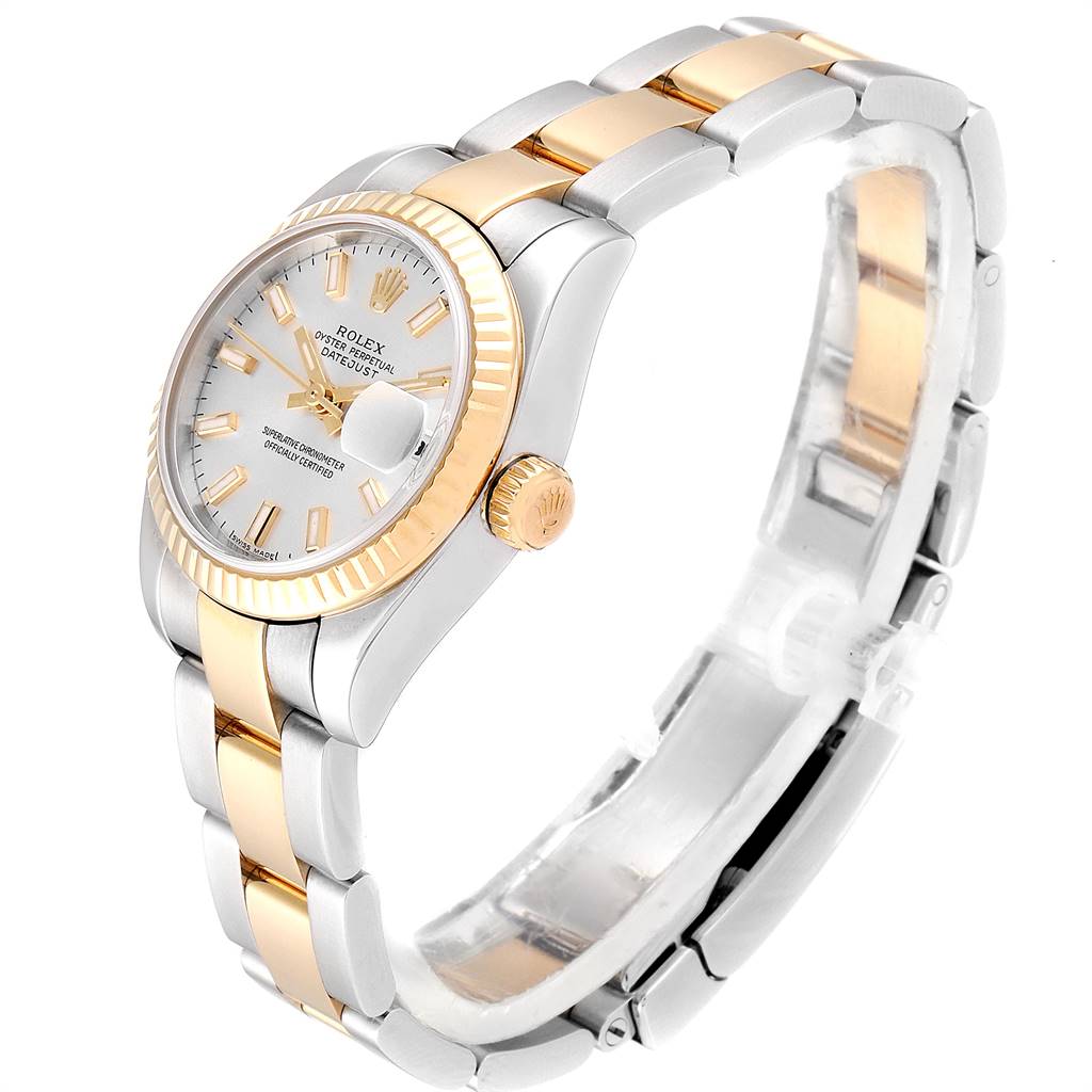 The image shows a Rolex Datejust 179173 Women's Steel and Gold (two tone) Silver Dial 179173 Women's Steel and Gold (two tone) Silver Dial watch at a three-quarter angle, highlighting the dial, bezel, and bracelet.