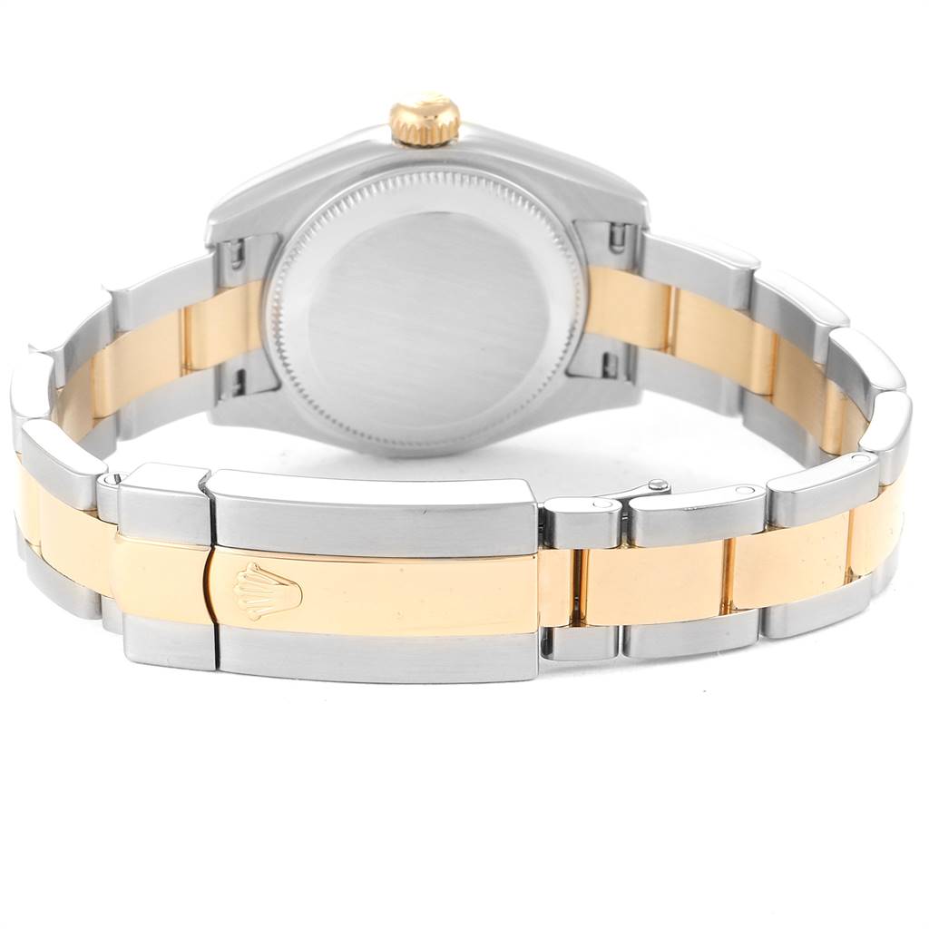 This image shows the back case and bracelet clasp of a Rolex Datejust 179173 Women's Steel and Gold (two tone) Silver Dial 179173 Women's Steel and Gold (two tone) Silver Dial watch in a two-tone design.