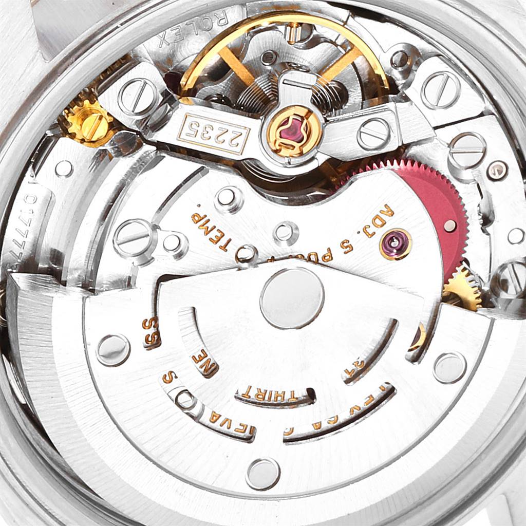 This image shows the intricate movement mechanism of a Rolex Datejust 79174 Women's Stainless Steel Pink Dial 79174 Women's Stainless Steel Pink Dial watch, viewed from the back.