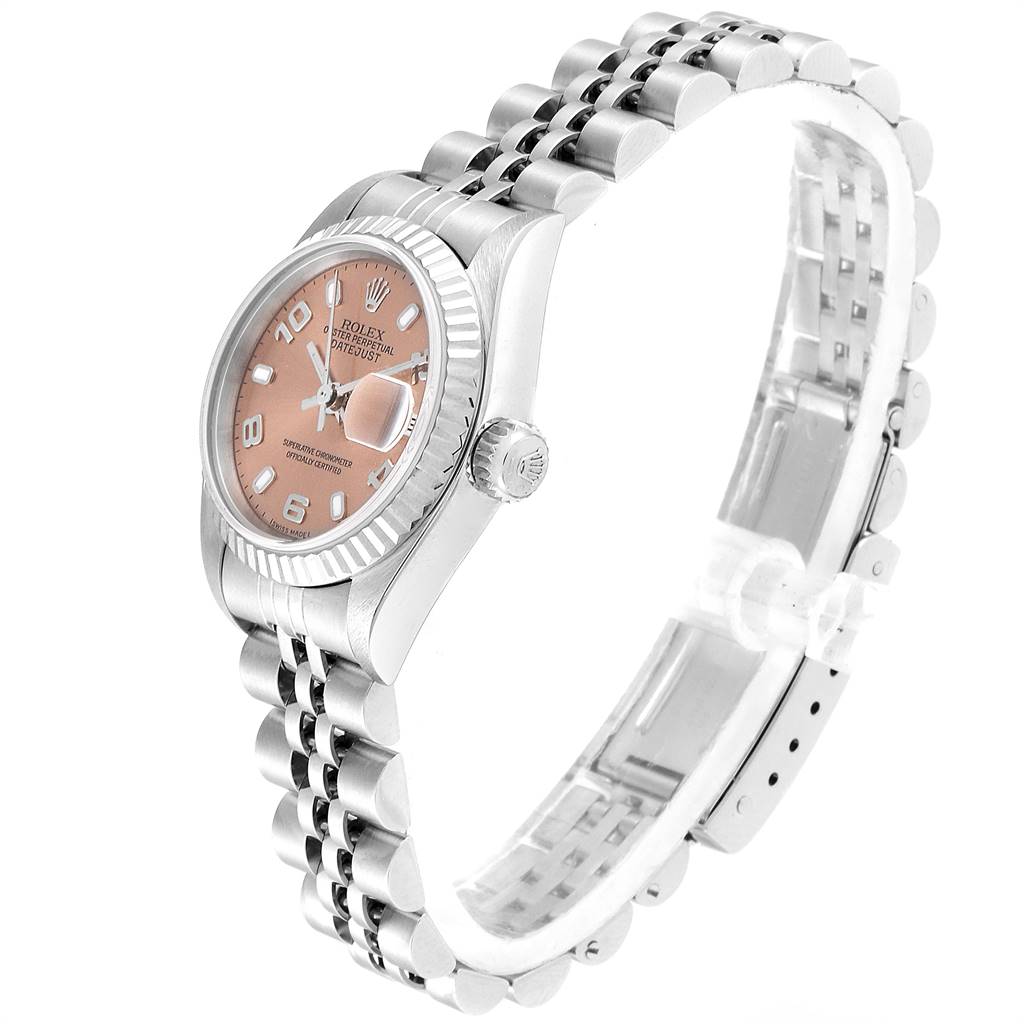 This image shows a side view of a Rolex Datejust 79174 Women's Stainless Steel Pink Dial 79174 Women's Stainless Steel Pink Dial watch, highlighting its face, bezel, and jubilee bracelet.