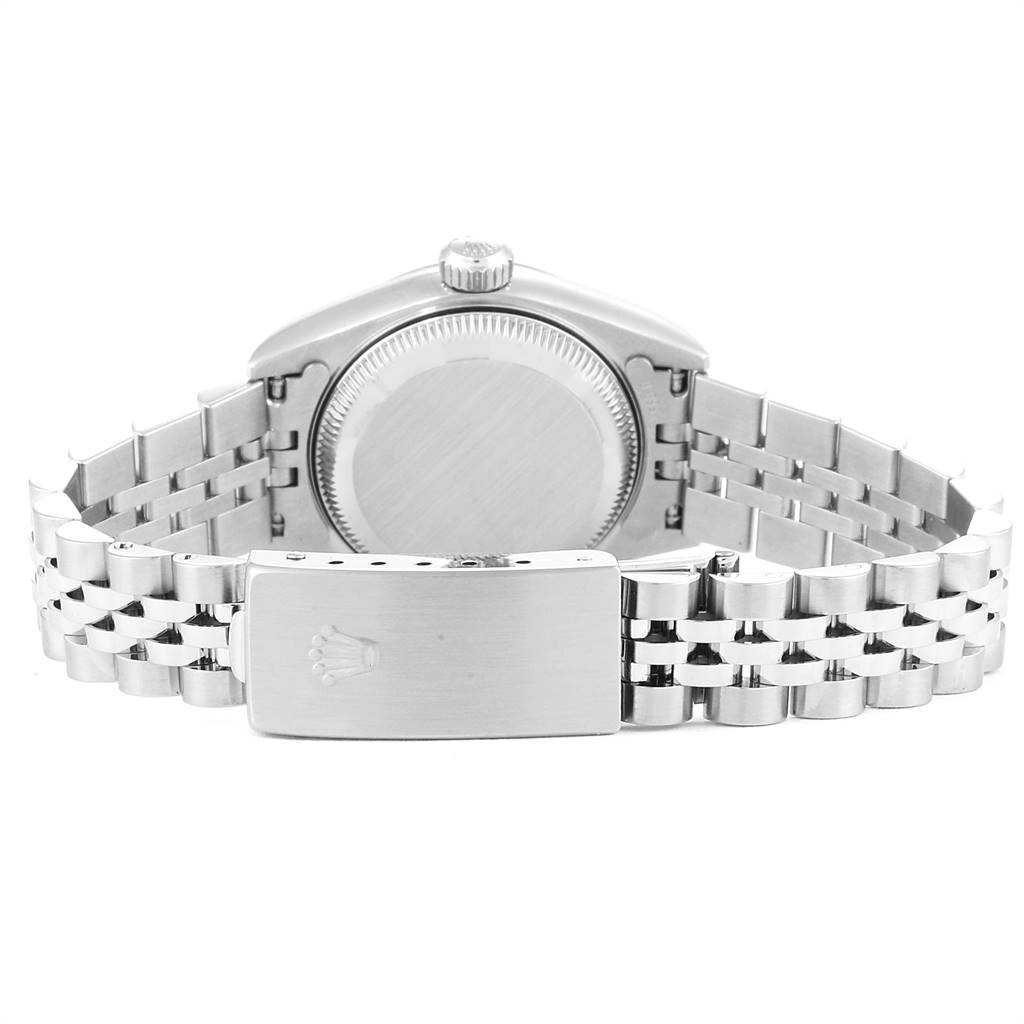 The image shows the back case and bracelet clasp of a Rolex Datejust 79174 Women's Stainless Steel Pink Dial 79174 Women's Stainless Steel Pink Dial watch from a rear angle.