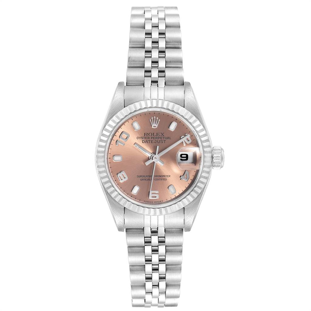 The image shows a Rolex Datejust 79174 Women's Stainless Steel Pink Dial 79174 Women's Stainless Steel Pink Dial watch from a front angle, displaying its face, bezel, bracelet, and crown.