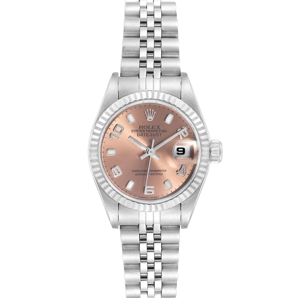 This image shows a front view of the Rolex Datejust 79174 Women's Stainless Steel Pink Dial 79174 Women's Stainless Steel Pink Dial watch, displaying the rose dial, date window, and jubilee bracelet.