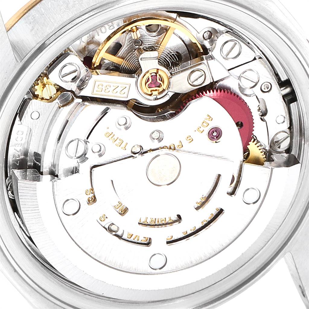 The image shows the internal mechanical movement of a Rolex Datejust 79173 Women
s Steel and Gold (two tone) Champagne Dial 79173 Women
s Steel and Gold (two tone) Champagne Dial watch viewed from the back.