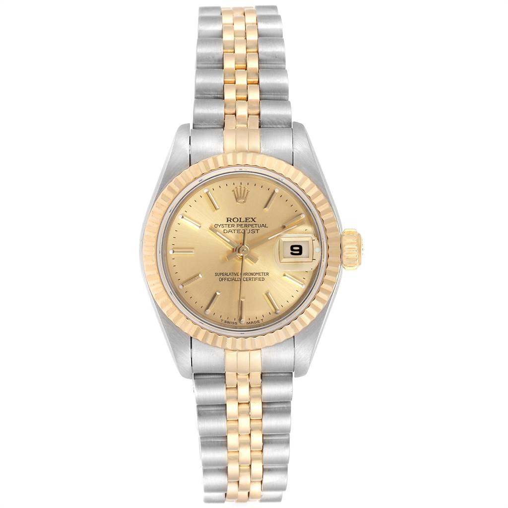 This image shows a front view of a Rolex Datejust 79173 Women
s Steel and Gold (two tone) Champagne Dial 79173 Women
s Steel and Gold (two tone) Champagne Dial watch, highlighting its dial, bezel, case, bracelet, and date window.