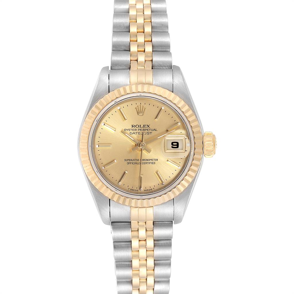 The image shows a front view of a Rolex Datejust 79173 Women
s Steel and Gold (two tone) Champagne Dial 79173 Women
s Steel and Gold (two tone) Champagne Dial watch displaying the dial, bezel, crown, and part of the two-tone bracelet.