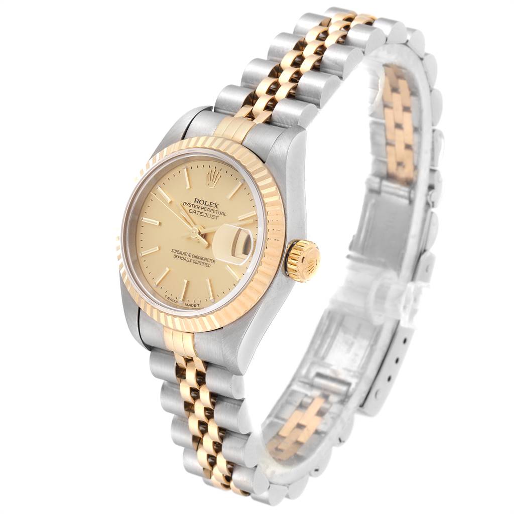 The Rolex Datejust 79173 Women
s Steel and Gold (two tone) Champagne Dial 79173 Women
s Steel and Gold (two tone) Champagne Dial watch is shown at a slight angle, displaying the dial, bezel, crown, and bracelet.