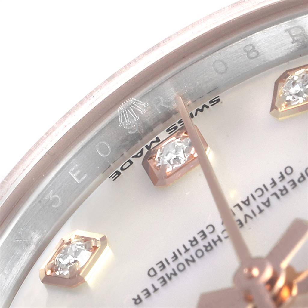 This close-up image shows the dial, diamond hour markers, and part of the bezel of a Rolex Datejust 279171 Women's Steel and Gold (two tone) Mother of Pearl Dial 279171 Women's Steel and Gold (two tone) Mother of Pearl Dial watch.