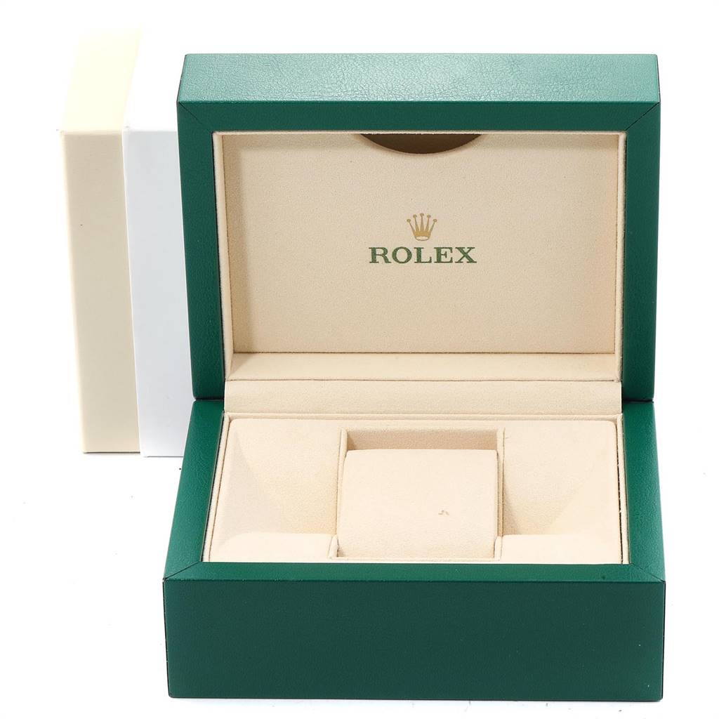 The image shows an open Rolex watch box, likely for a Datejust model, displaying its interior compartments.