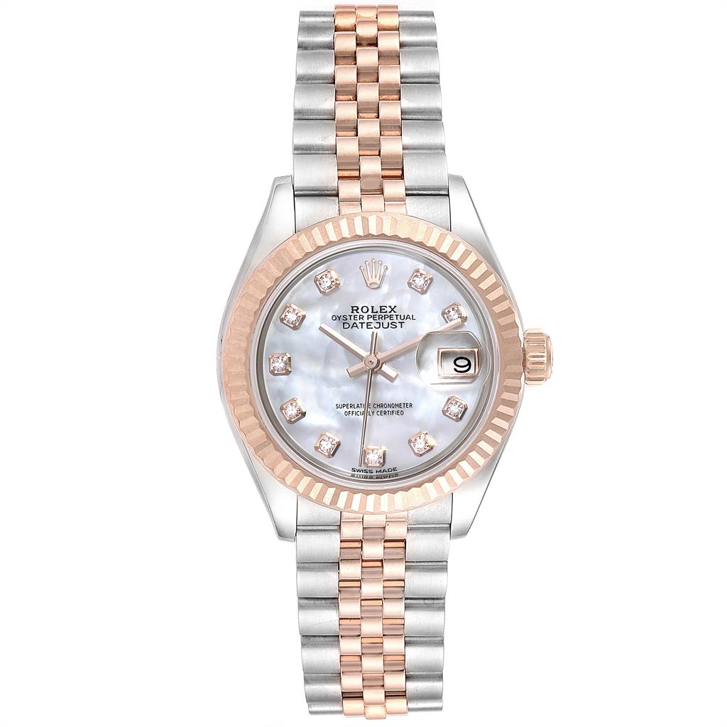 This image shows a Rolex Datejust 279171 Women's Steel and Gold (two tone) Mother of Pearl Dial 279171 Women's Steel and Gold (two tone) Mother of Pearl Dial watch from a front angle, highlighting its dial, bezel, and bracelet.