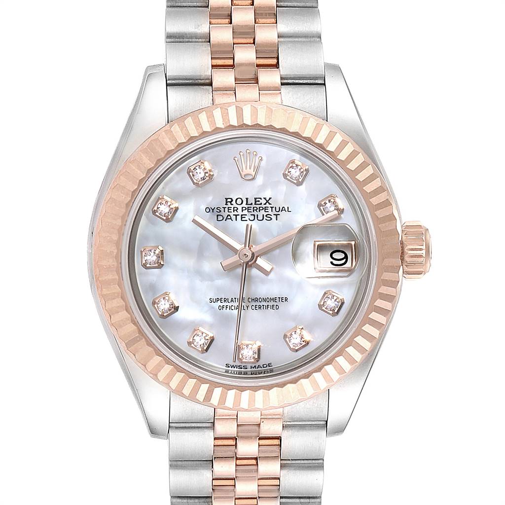 The image shows a Rolex Datejust 279171 Women's Steel and Gold (two tone) Mother of Pearl Dial 279171 Women's Steel and Gold (two tone) Mother of Pearl Dial watch front view, featuring a rose gold bezel, mother-of-pearl dial, and jubilee bracelet.