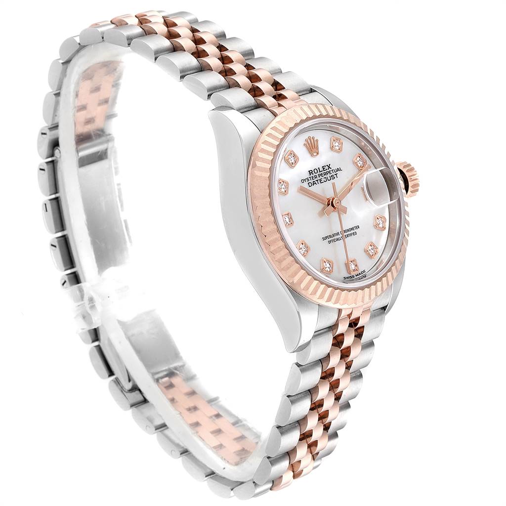 The image shows a side angle of a Rolex Datejust 279171 Women's Steel and Gold (two tone) Mother of Pearl Dial 279171 Women's Steel and Gold (two tone) Mother of Pearl Dial watch, highlighting its rose gold and silver jubilee bracelet, fluted bezel, and diamond hour markers.