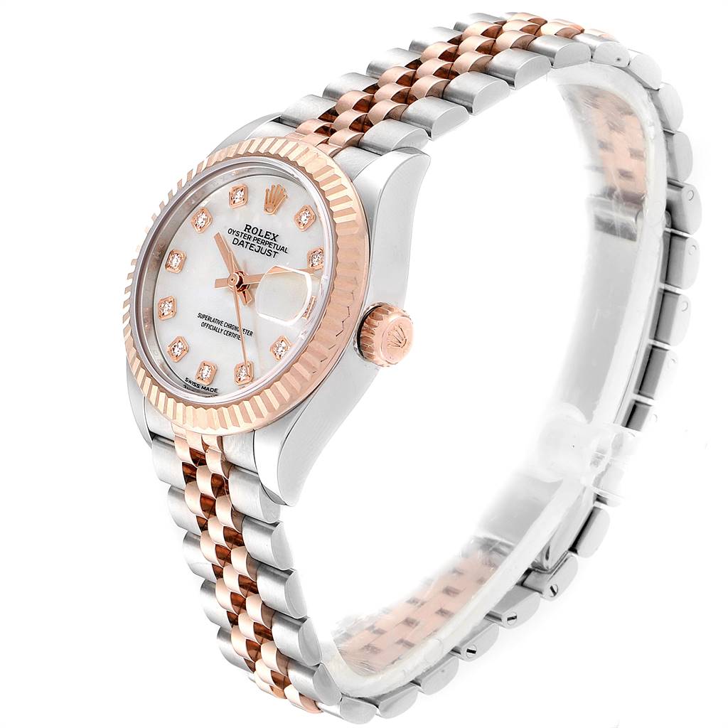 The image shows a Rolex Datejust 279171 Women's Steel and Gold (two tone) Mother of Pearl Dial 279171 Women's Steel and Gold (two tone) Mother of Pearl Dial watch at a three-quarter angle emphasizing its dial, bezel, crown, and Jubilee bracelet.