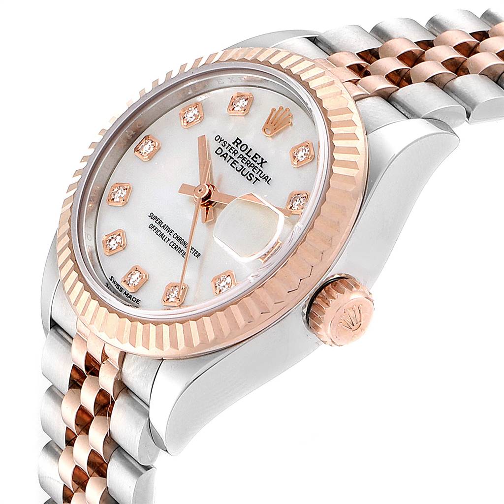 The image shows a Rolex Datejust 279171 Women's Steel and Gold (two tone) Mother of Pearl Dial 279171 Women's Steel and Gold (two tone) Mother of Pearl Dial watch at an angle highlighting the face, crown, and part of the jubilee bracelet.