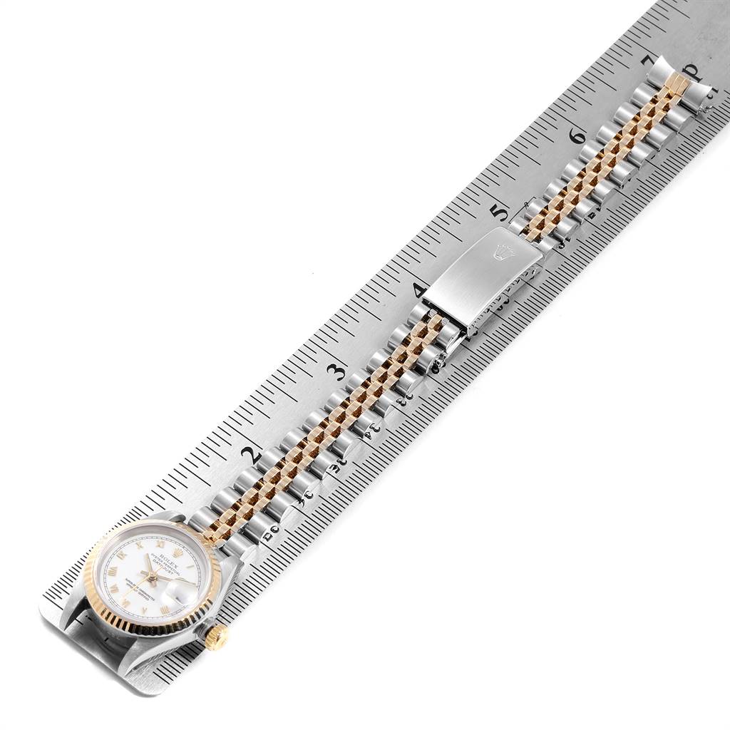 The Rolex Datejust 69173 Women's Stainless Steel White Dial 69173 Women's Stainless Steel White Dial watch is shown in a top-down view, displaying the face, bezel, bracelet, and clasp.