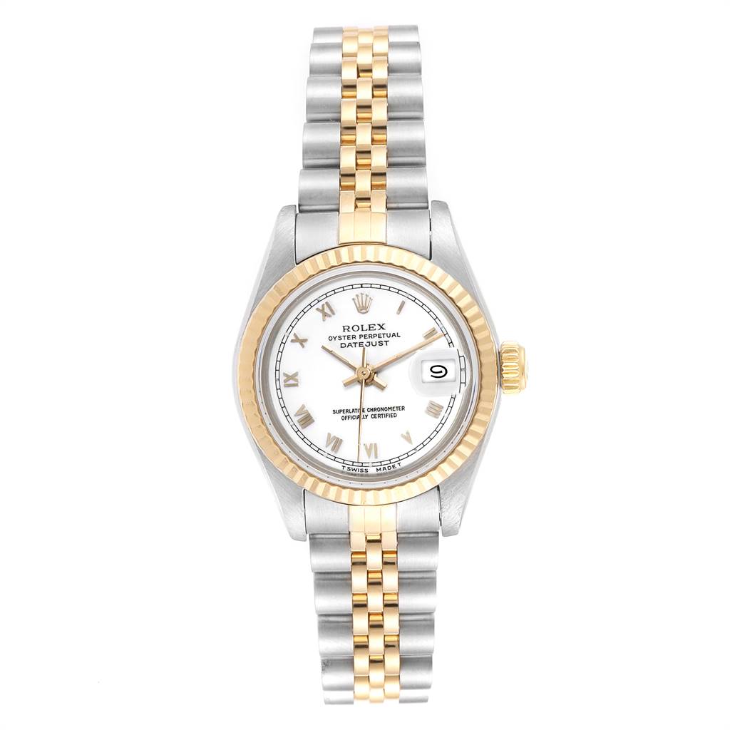 The image shows a Rolex Datejust 69173 Women's Stainless Steel White Dial 69173 Women's Stainless Steel White Dial watch from a top view, highlighting its two-tone bracelet, bezel, and dial.