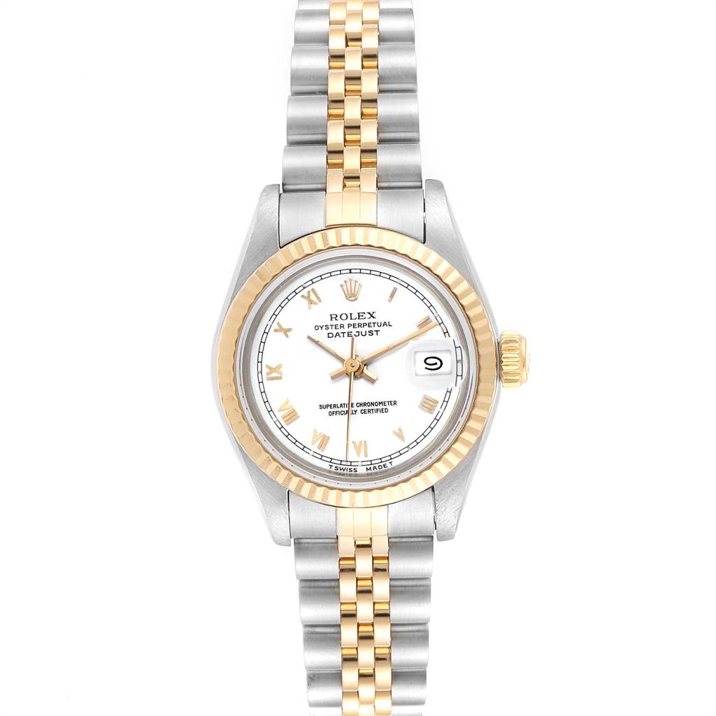 This image shows a front view of a Rolex Datejust 69173 Women's Stainless Steel White Dial 69173 Women's Stainless Steel White Dial watch, highlighting its dial, bezel, and bracelet.