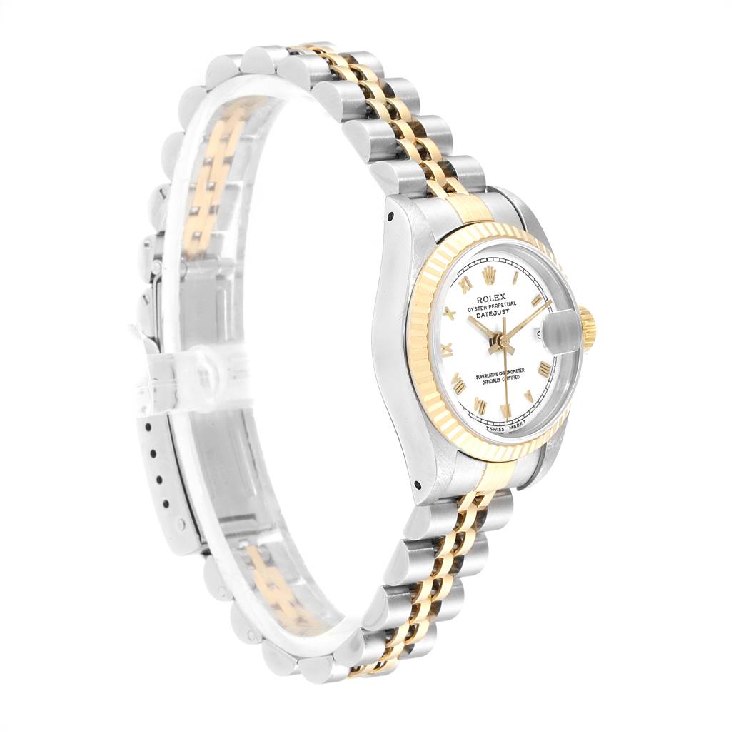 This image shows the Rolex Datejust 69173 Women's Stainless Steel White Dial 69173 Women's Stainless Steel White Dial watch from a side angle, highlighting its two-tone bracelet, fluted bezel, and face.