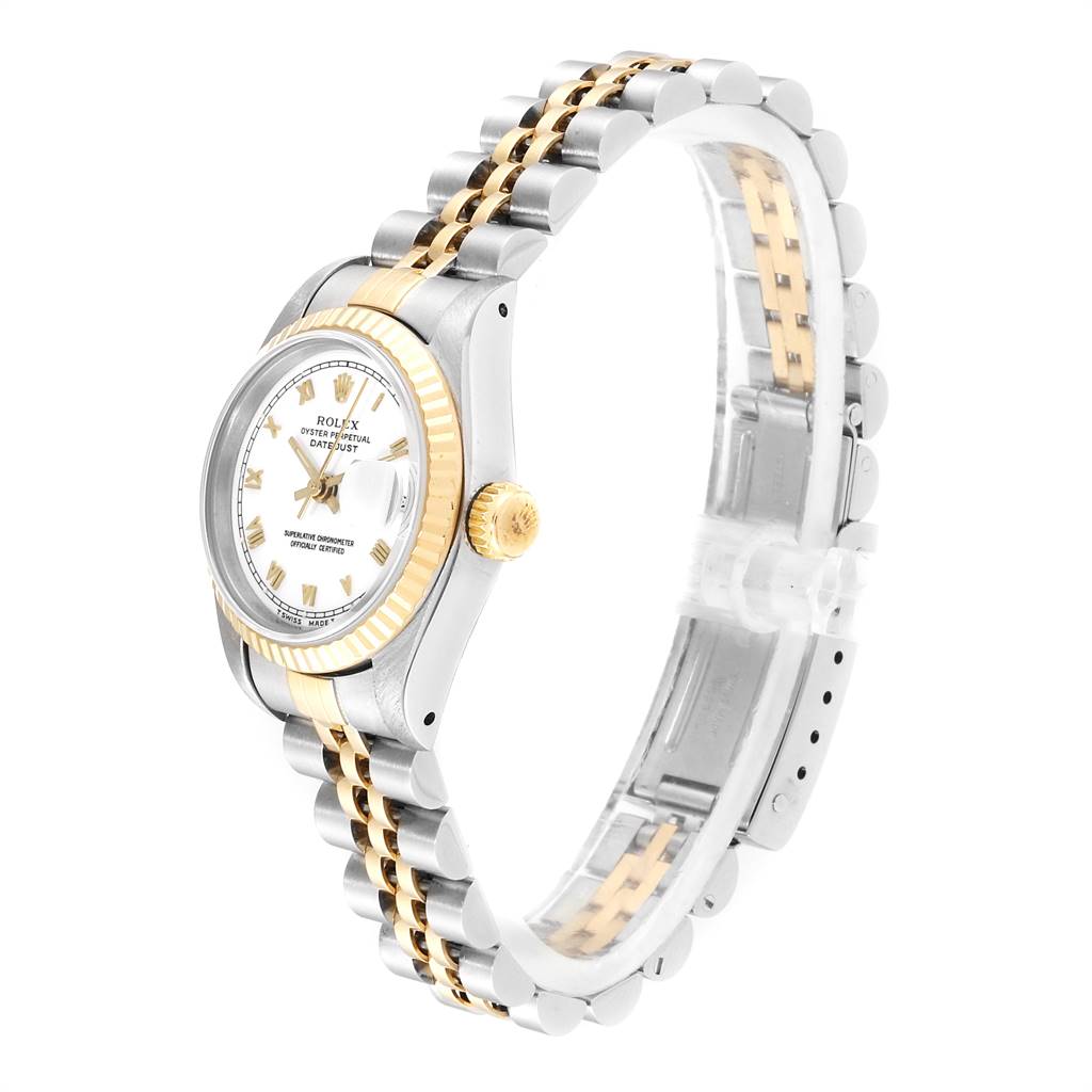 This image shows a Rolex Datejust 69173 Women's Stainless Steel White Dial 69173 Women's Stainless Steel White Dial watch at a slight side angle, focusing on the face, bezel, and two-tone bracelet.