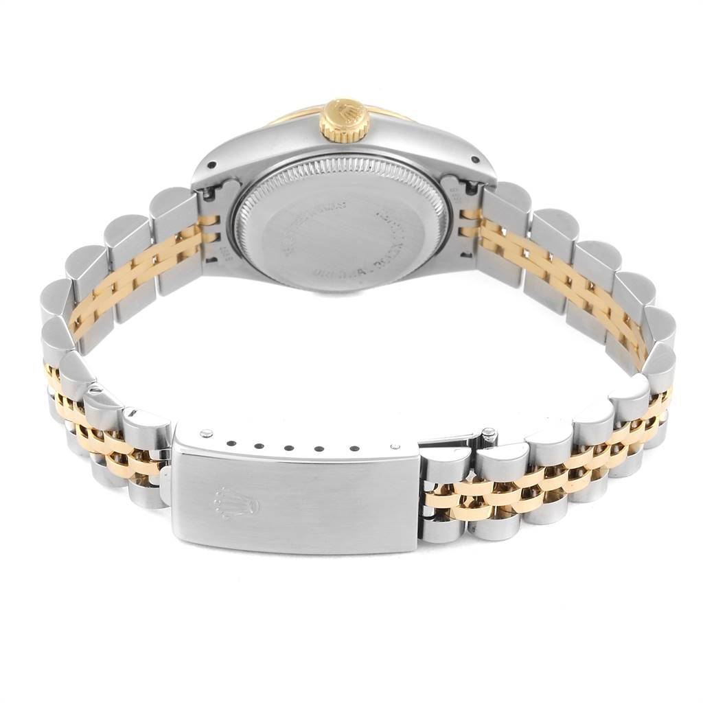 This image shows the back view of a Rolex Datejust 69173 Women's Stainless Steel White Dial 69173 Women's Stainless Steel White Dial watch, including the case back, crown, and two-tone bracelet with clasp.