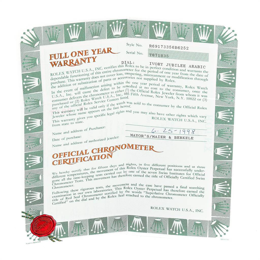 The image shows an official warranty and chronometer certification document for a Rolex Datejust 69173 Women's Stainless Steel Beige Dial 69173 Women's Stainless Steel Beige Dial watch.