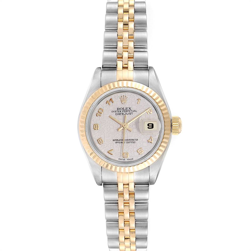 The image shows a top-down view of a Rolex Datejust 69173 Women's Stainless Steel Beige Dial 69173 Women's Stainless Steel Beige Dial watch, displaying its dial, bezel, and two-tone bracelet.