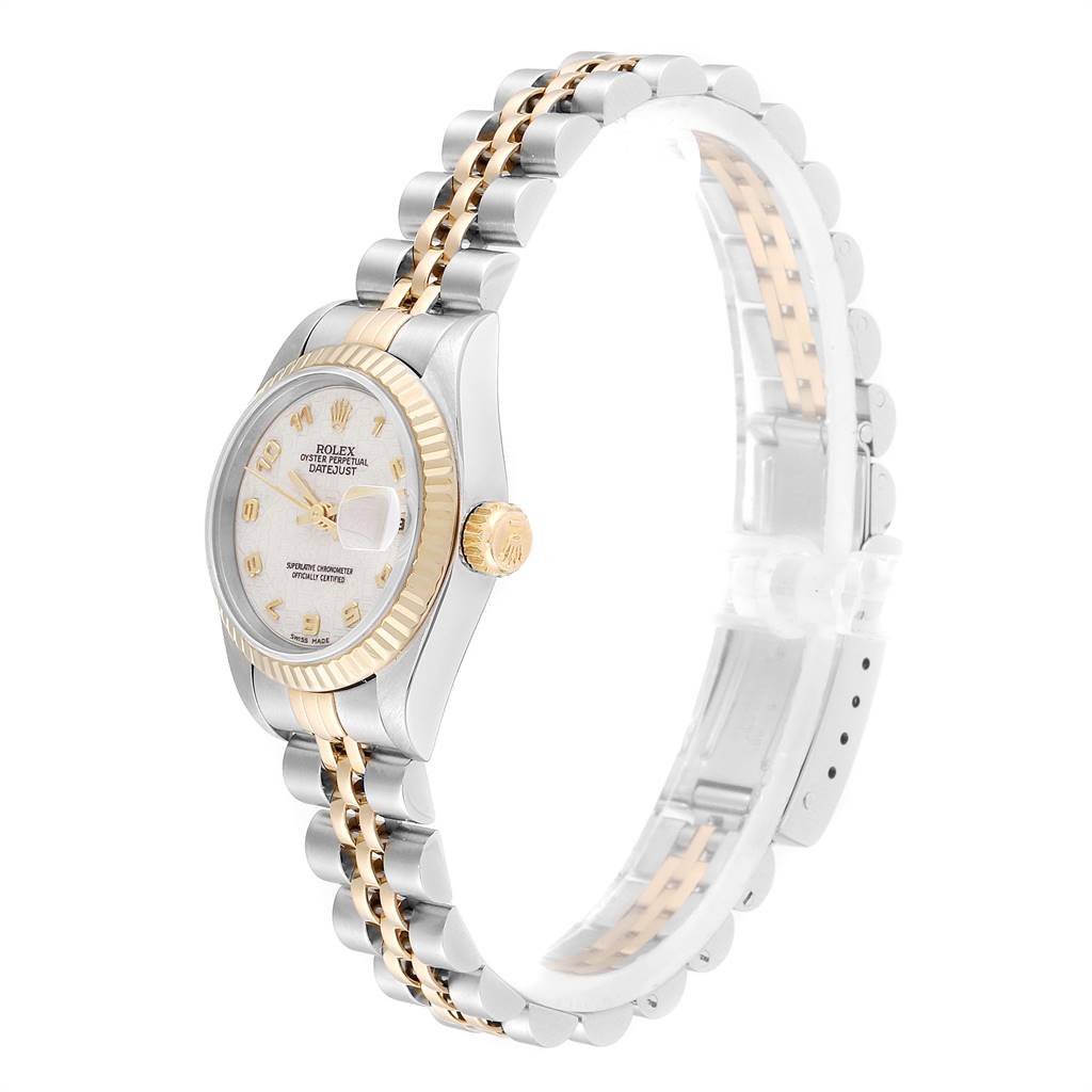 The image shows a side angle of the Rolex Datejust 69173 Women's Stainless Steel Beige Dial 69173 Women's Stainless Steel Beige Dial watch, highlighting its gold and silver two-tone bracelet and crown.