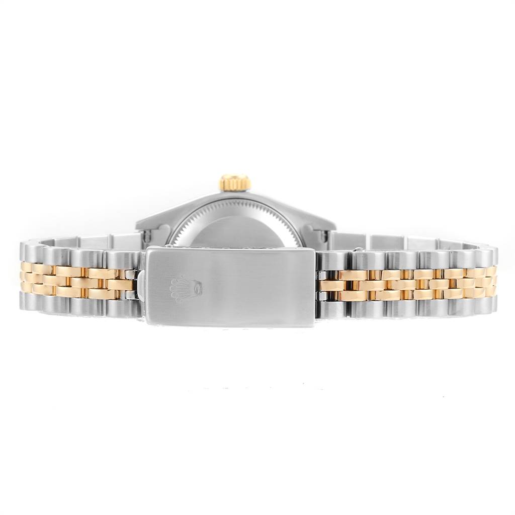 This image shows the back view of a Rolex Datejust 69173 Women's Stainless Steel Beige Dial 69173 Women's Stainless Steel Beige Dial watch, focusing on the two-tone metal bracelet and clasp.