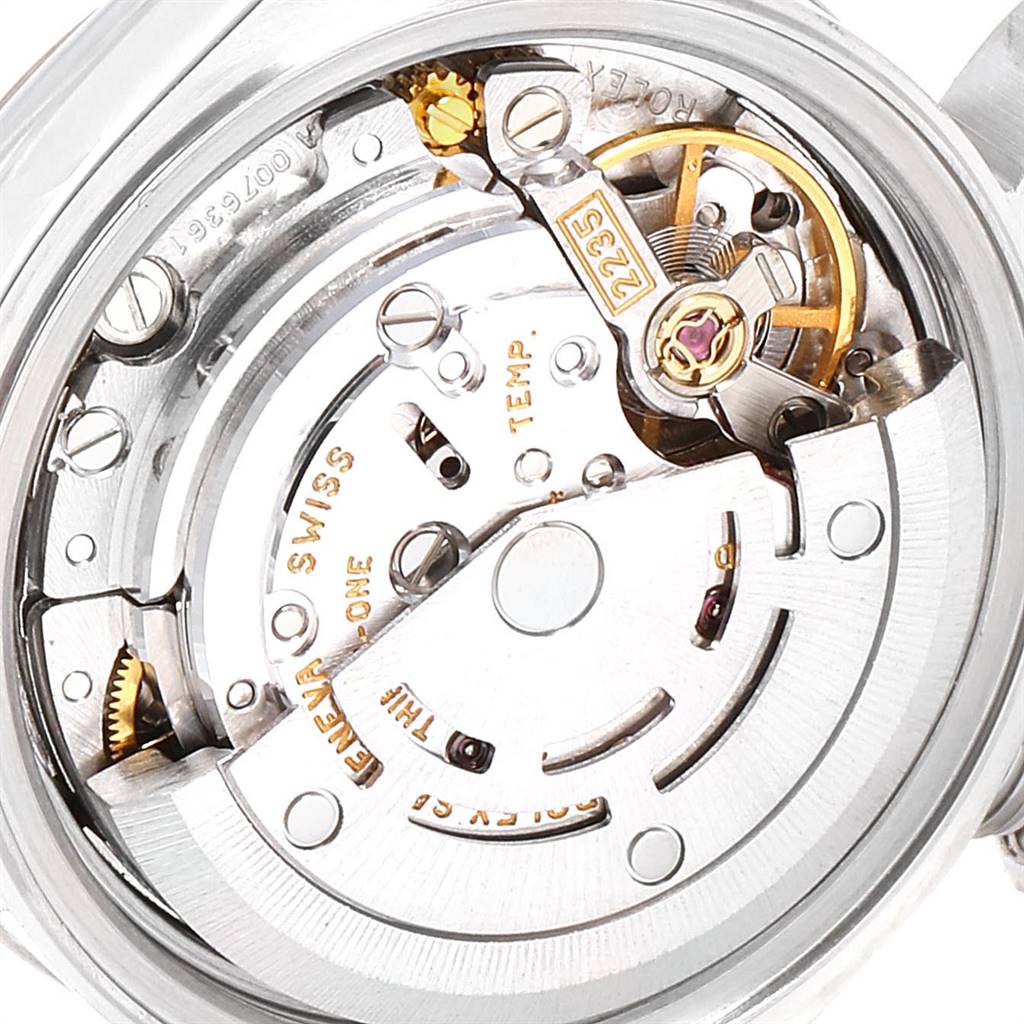 This is a close-up view of the movement inside a Rolex Datejust 79174 Women's Stainless Steel White Dial 79174 Women's Stainless Steel White Dial watch, showing its intricate mechanical parts.