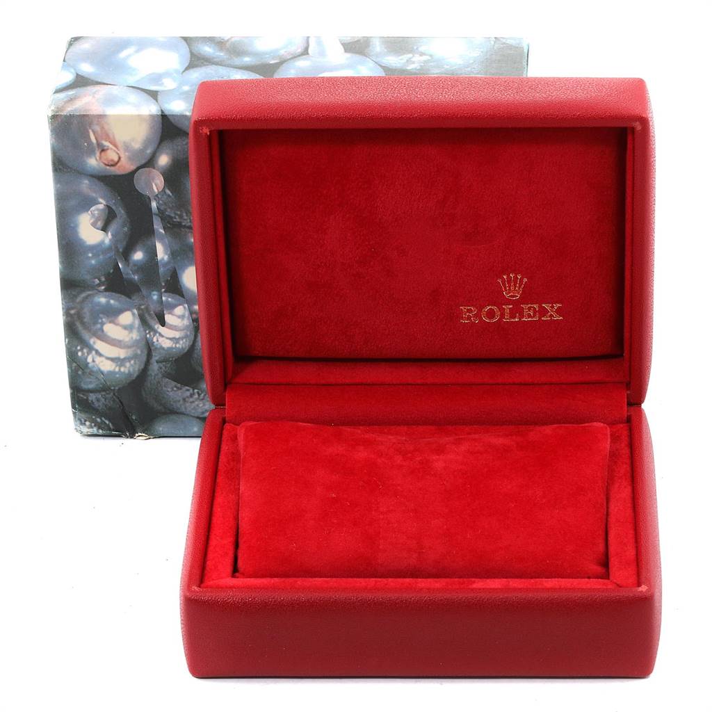 The image shows an open red Rolex Datejust 79174 Women's Stainless Steel White Dial 79174 Women's Stainless Steel White Dial watch box, with the inner cushion and Rolex branding visible.