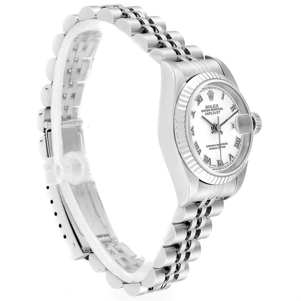 The Rolex Datejust 79174 Women's Stainless Steel White Dial 79174 Women's Stainless Steel White Dial watch is shown from a side angle, highlighting its face, bezel, crown, and part of the bracelet.