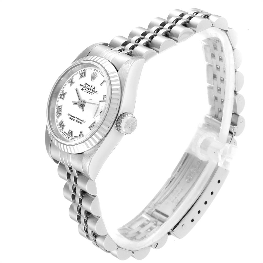 This image shows a Rolex Datejust 79174 Women's Stainless Steel White Dial 79174 Women's Stainless Steel White Dial watch at a side angle, displaying the face, bezel, crown, and bracelet.