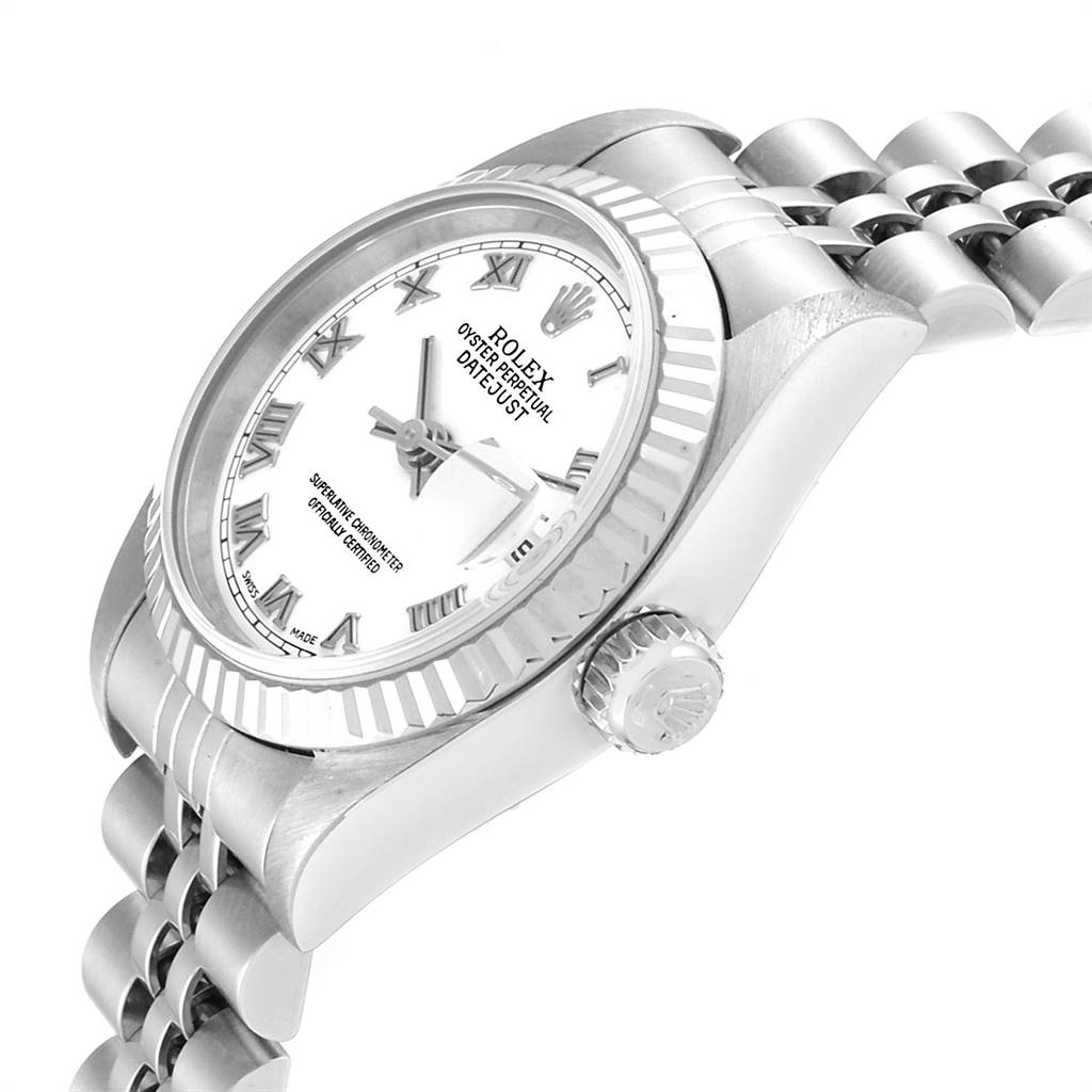 The image shows a side angle of a Rolex Datejust 79174 Women's Stainless Steel White Dial 79174 Women's Stainless Steel White Dial, highlighting the fluted bezel, crown, and the bracelet links.