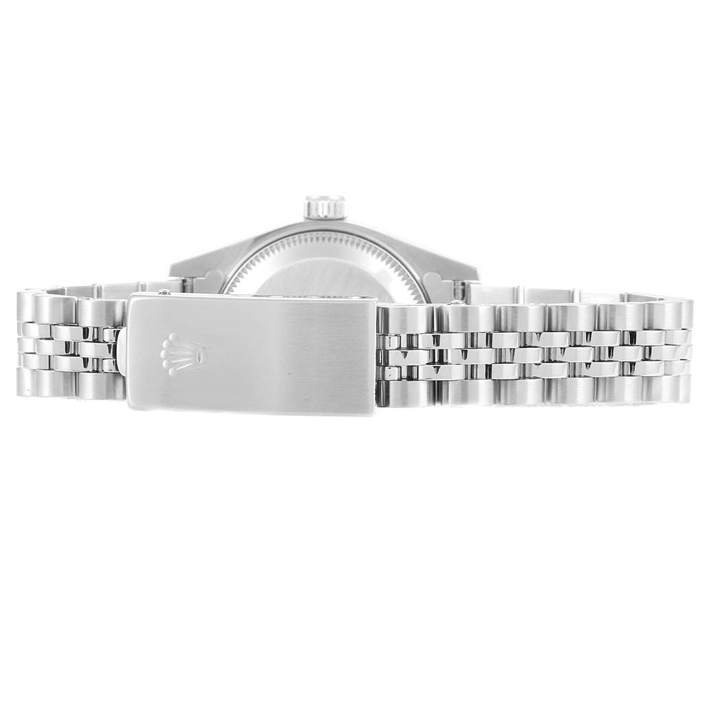 The image shows the back view of a Rolex Datejust 79174 Women's Stainless Steel White Dial 79174 Women's Stainless Steel White Dial watch, focusing on the clasp and part of the bracelet.