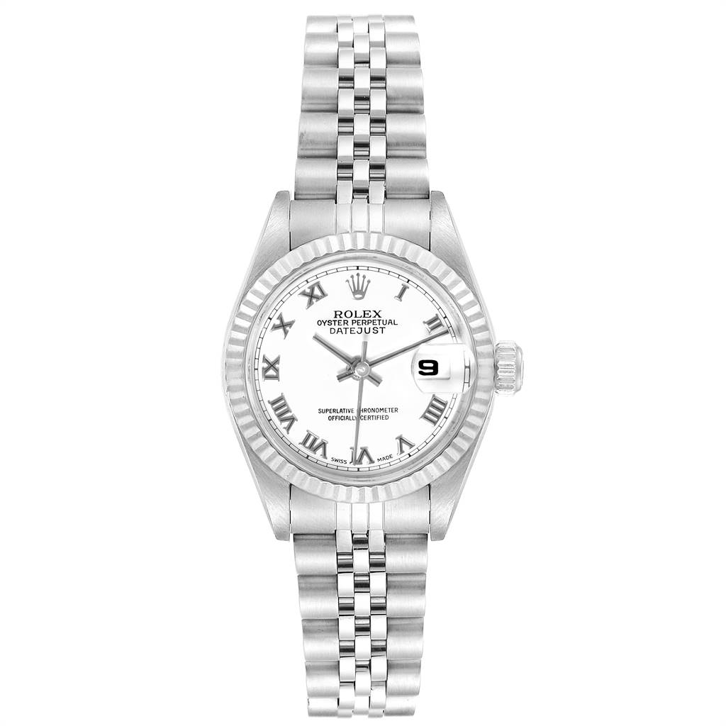 The image shows a front view of the Rolex Datejust 79174 Women's Stainless Steel White Dial 79174 Women's Stainless Steel White Dial watch, displaying its dial, fluted bezel, bracelet, and date window.