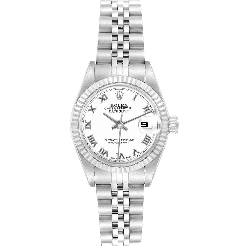 The image displays a Rolex Datejust 79174 Women's Stainless Steel White Dial 79174 Women's Stainless Steel White Dial watch from a frontal angle, showing the dial, bezel, crown, and bracelet.