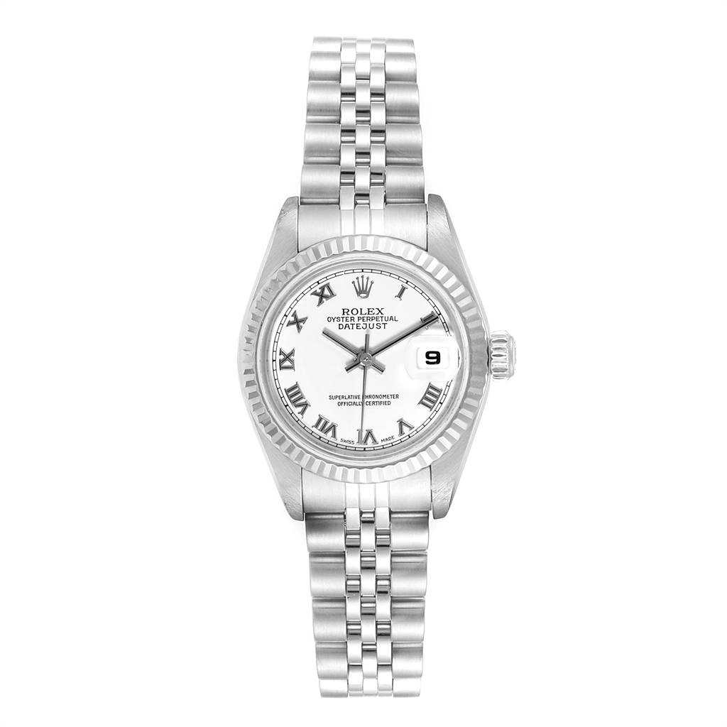 The image shows a full frontal view of a Rolex Datejust 79174 Women
s Stainless Steel White Dial 79174 Women
s Stainless Steel White Dial watch, highlighting the dial, bezel, and bracelet.