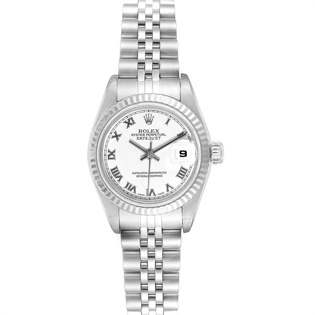 This image shows the front view of a Rolex Datejust 79174 Women
s Stainless Steel White Dial 79174 Women
s Stainless Steel White Dial watch, displaying its face, bezel, and stainless steel bracelet.