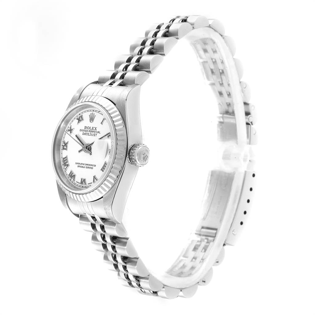 The image shows a side profile of the Rolex Datejust 79174 Women
s Stainless Steel White Dial 79174 Women
s Stainless Steel White Dial watch, highlighting the case, bezel, crown, and partially the bracelet.