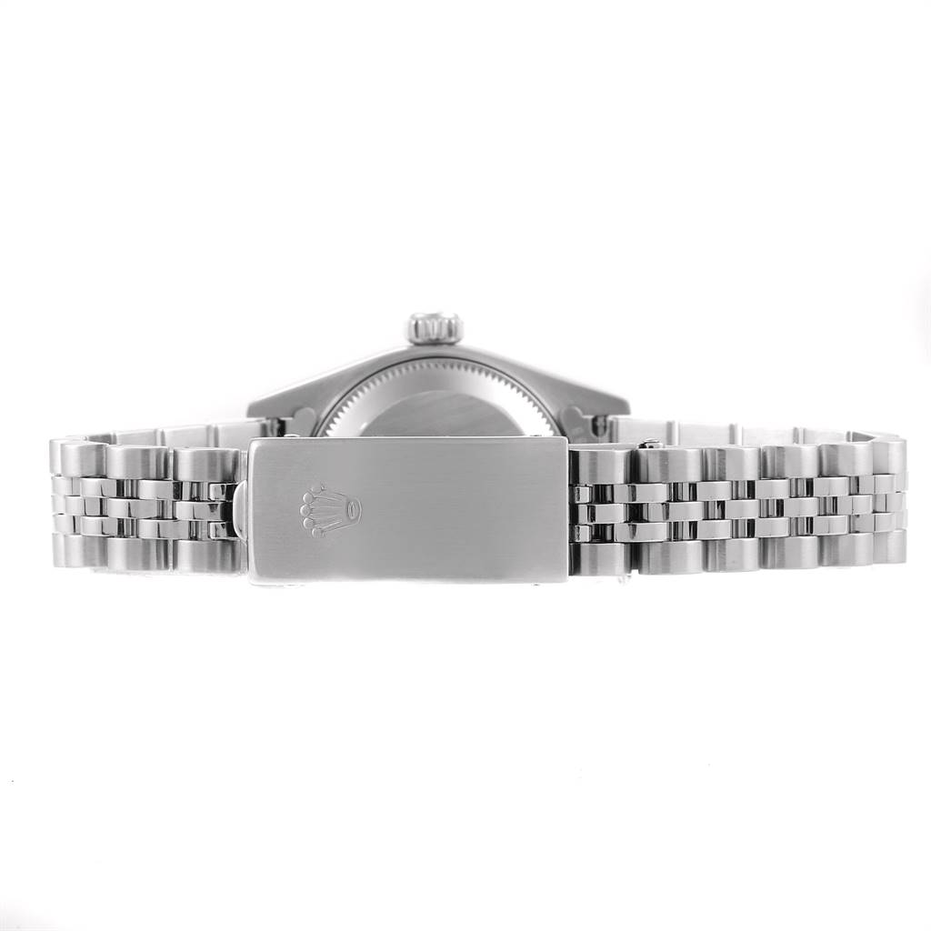This image shows the back view of a Rolex Datejust 79174 Women
s Stainless Steel White Dial 79174 Women
s Stainless Steel White Dial watch, featuring its clasp and Jubilee bracelet.