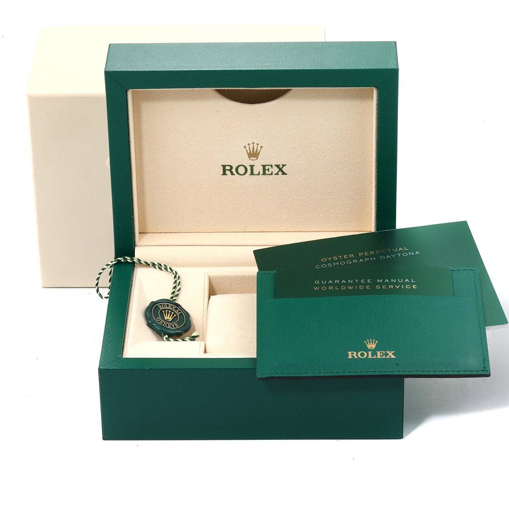 This image shows a Rolex Datejust 179384 Women's Stainless Steel Mother of Pearl Dial 179384 Women's Stainless Steel Mother of Pearl Dial watch box, including manuals, a tag, and cardholder, angled from the front.