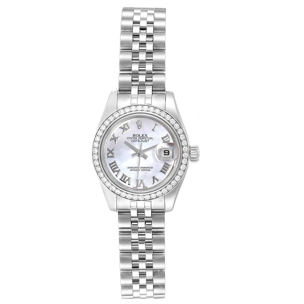 The image shows a front-facing view of a Rolex Datejust 179384 Women's Stainless Steel Mother of Pearl Dial 179384 Women's Stainless Steel Mother of Pearl Dial watch displaying the dial, bracelet, and crown.