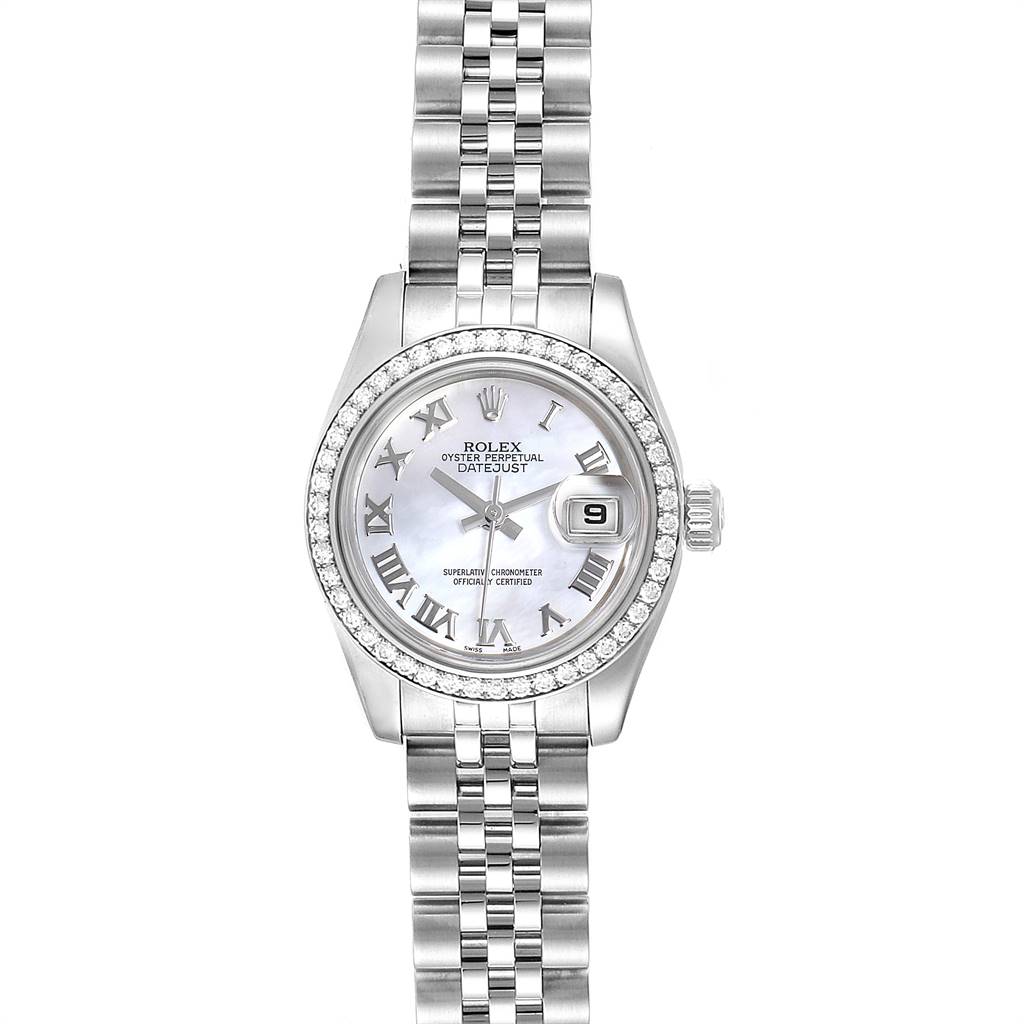 The image shows a frontal view of the Rolex Datejust 179384 Women's Stainless Steel Mother of Pearl Dial 179384 Women's Stainless Steel Mother of Pearl Dial watch, highlighting the face, bezel, and bracelet.