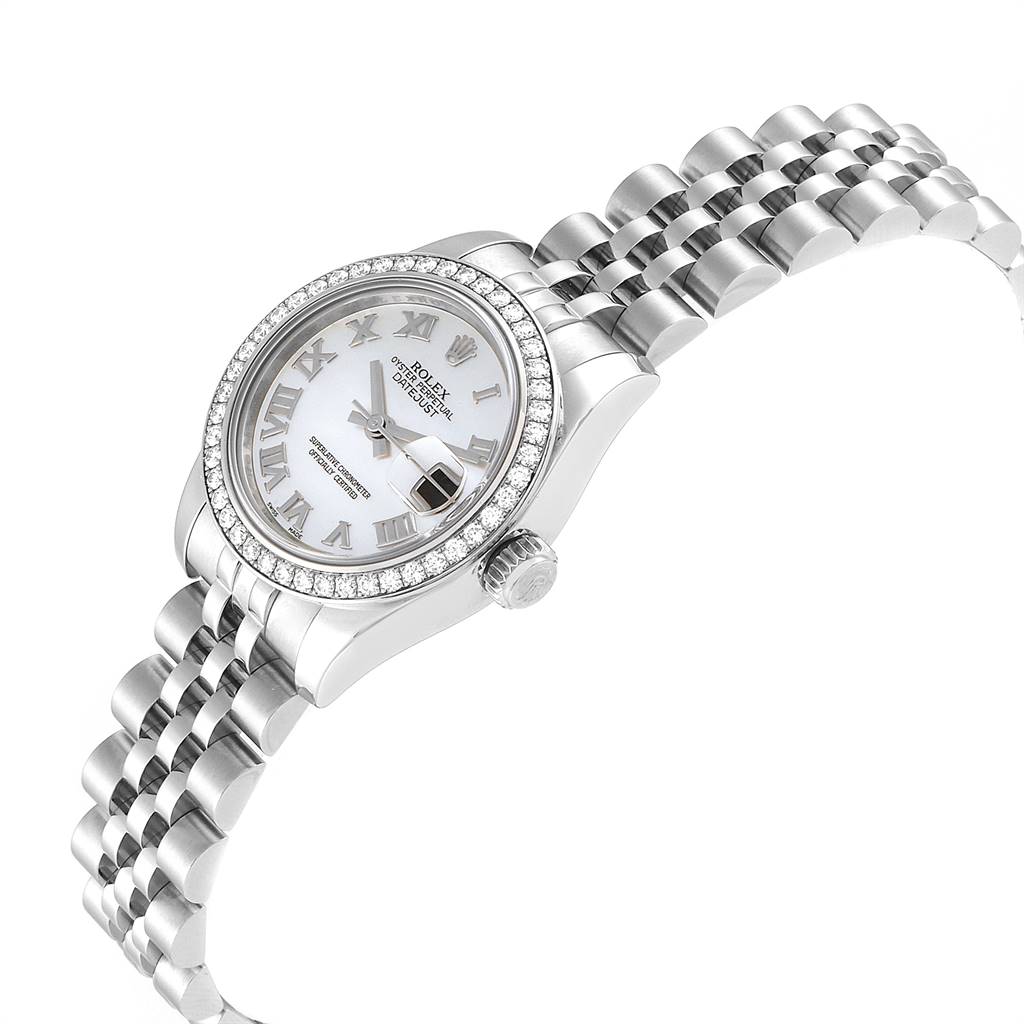 The image shows a Rolex Datejust 179384 Women's Stainless Steel Mother of Pearl Dial 179384 Women's Stainless Steel Mother of Pearl Dial watch at an angled side view, displaying the face, bezel, crown, and bracelet.