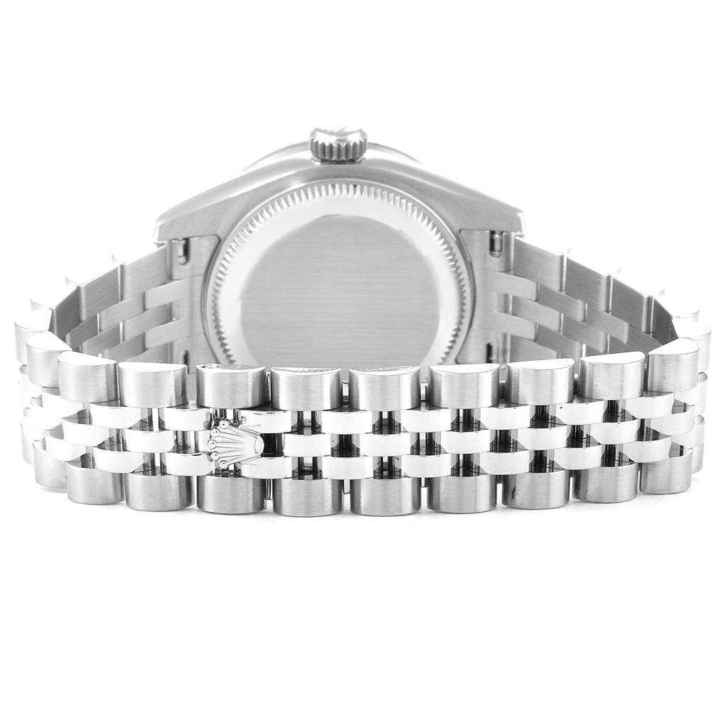 This image shows the back casing and Jubilee bracelet of a Rolex Datejust 179384 Women's Stainless Steel Mother of Pearl Dial 179384 Women's Stainless Steel Mother of Pearl Dial watch from a rear angle.