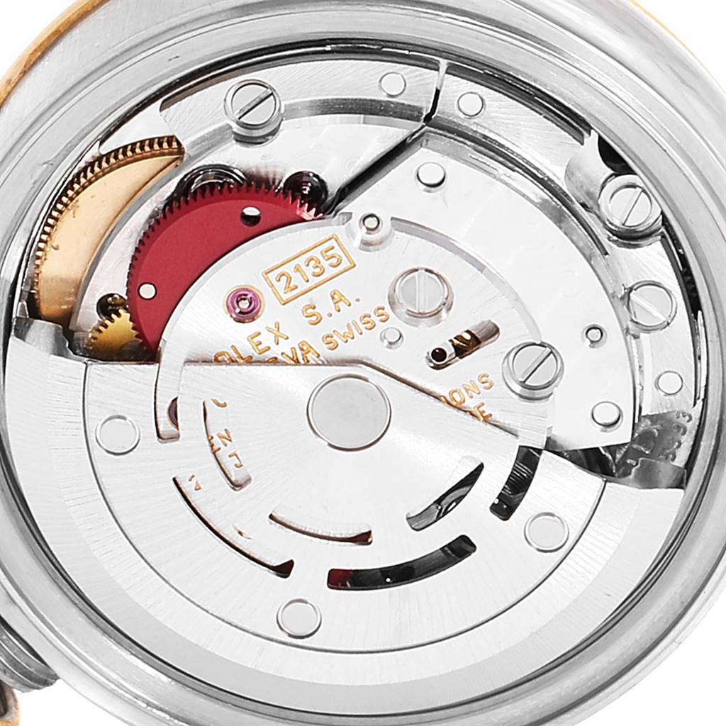 This image shows a close-up of the movement mechanism of a Rolex Datejust 69163 Women's Stainless Steel Grey Dial 69163 Women's Stainless Steel Grey Dial model watch.