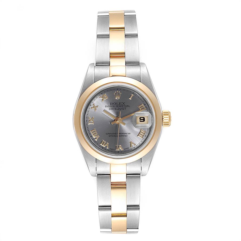 The image shows a Rolex Datejust 69163 Women's Stainless Steel Grey Dial 69163 Women's Stainless Steel Grey Dial watch, featuring a two-tone metal bracelet, a silver dial, and a gold bezel, viewed from the front.